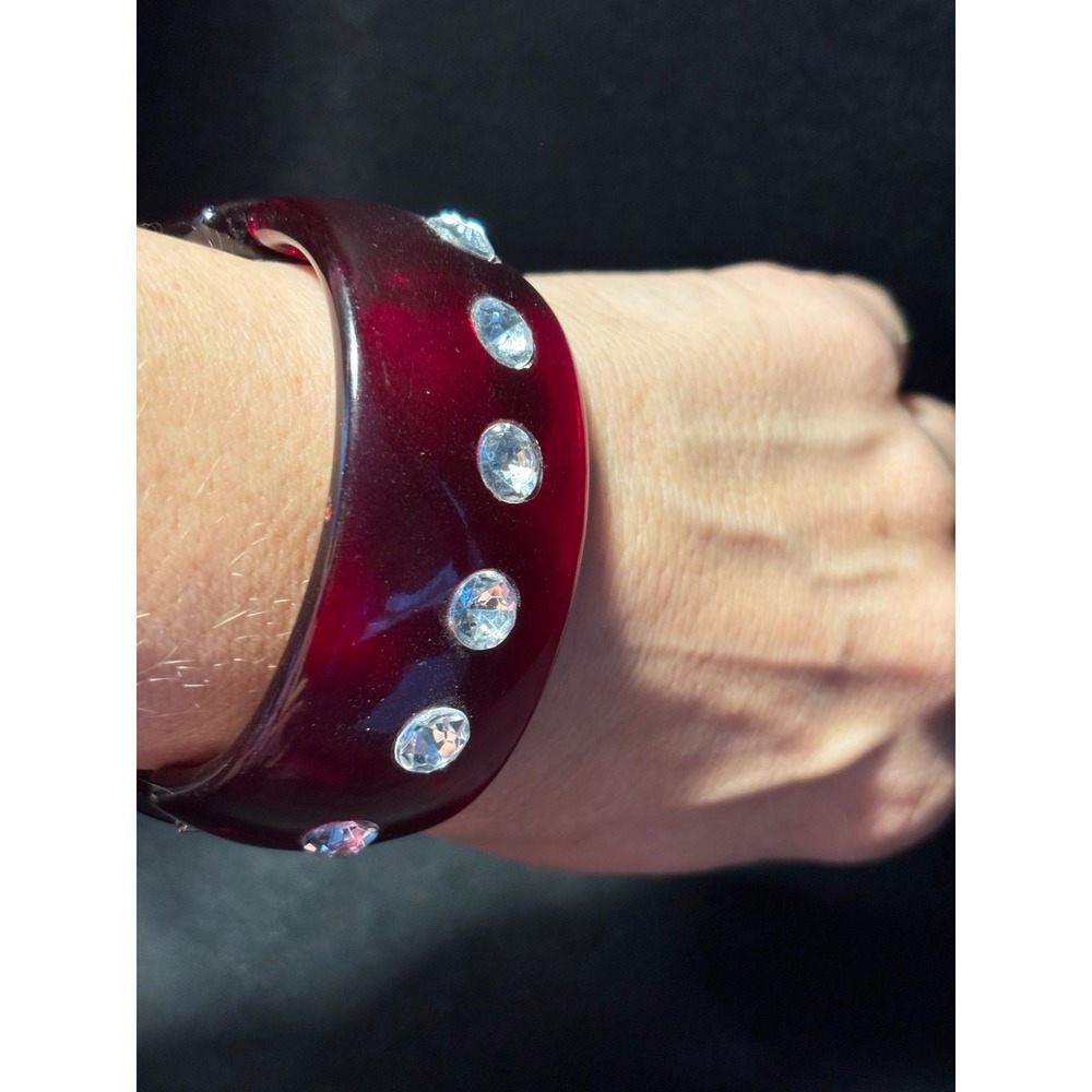 Vintage Ruby Red Lucite Hinge Bangle Bracelet Clear Rhinestone Chunky Resin